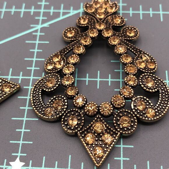 Vintage Rhinestone Earrings Faux Citrine Antiqued Gold Tone Mughal Chandelier - Picture 5 of 6